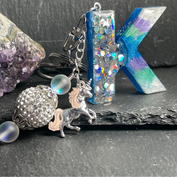 Custom Made Colorful Unicorn Keychain with Glitter Letter K - Picture 3 of 11